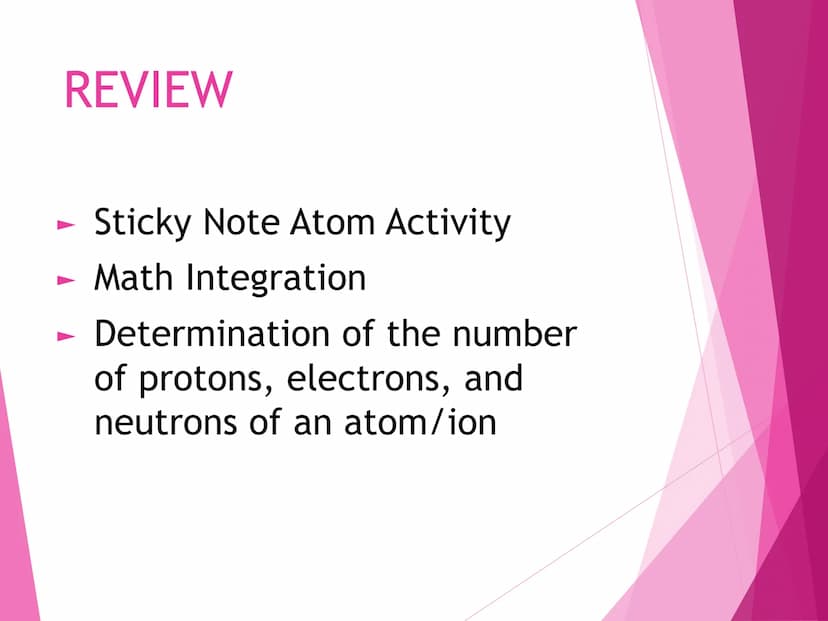 CHEMICAL
NAMES AND
FORMULAS
CHEMICAL
NOMENCLATURE REVIEW
Sticky Note Atom Activity
Math Integration
Determination of the number
of protons, 