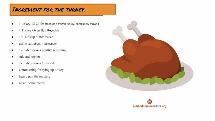 Cooy.r TURKEY. INGREDIENT FOR THE TURKEY.
●
●
●
●
1 turkey 12-24 lbs fresh or a frozen turkey, completely thawed
1 Turkey Oven Bag Reynolds
