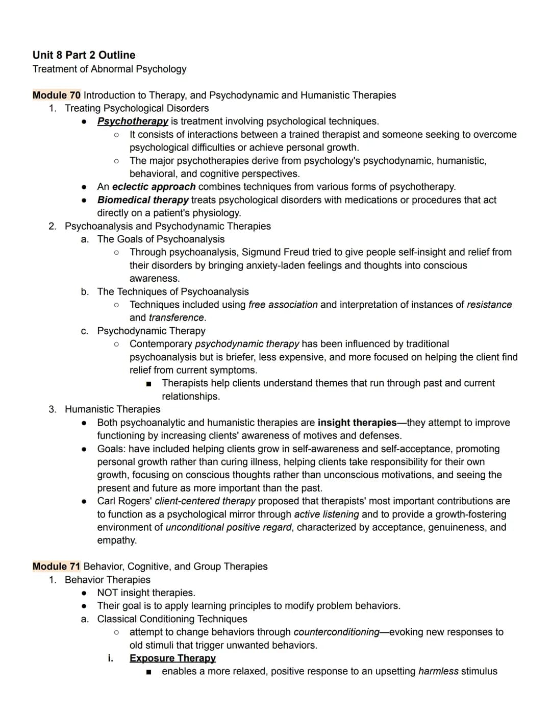 Unit 8 Part 2 Outline: Treatment of Abnormal Psychology