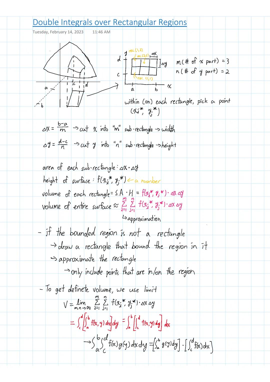 Double Integrals over Rectangular Regions
Tuesday, February 14, 2023 11:46 AM
4x =
oy=
b-a
m
d-c
n
с
y
rec. (1,2)
/ rec. (2₂2)
= (
a
ox
{flo