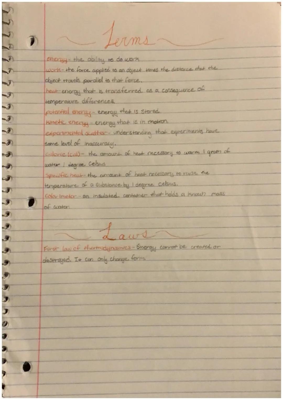 ## Terms

energy- the ability to do work.

work- the force applied to an object times the distance that the
object travels parallel to that 