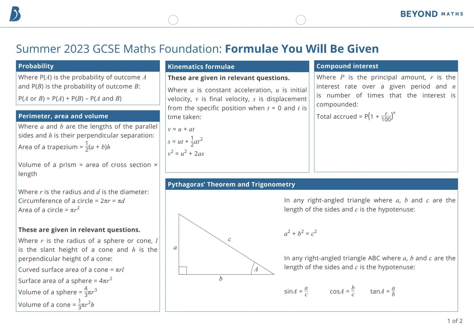 B
Summer 2023 GCSE Maths Foundation: Formulae You Will Be Given
Probability
Compound interest
Where P(4) is the probability of outcome A
and