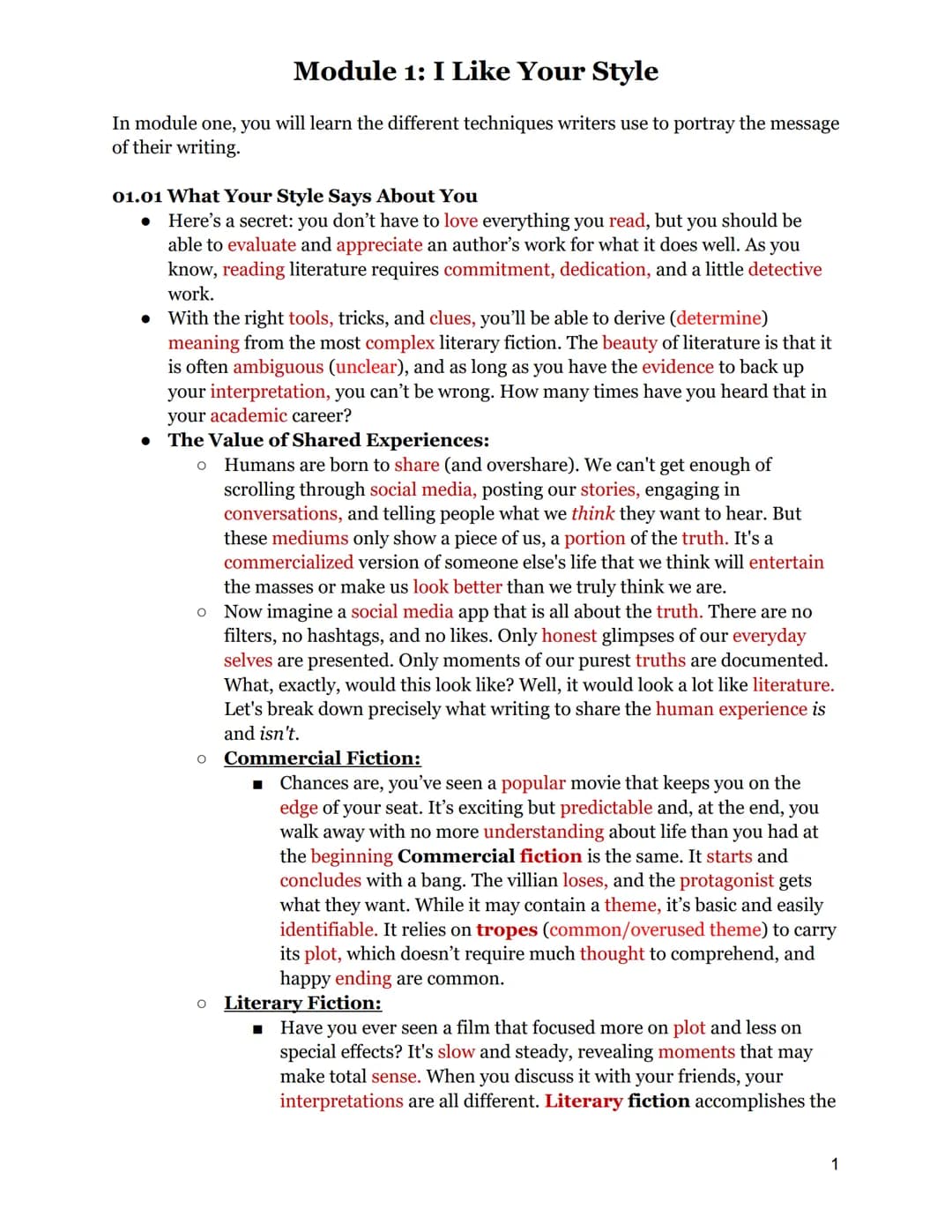 
<h2 id="techniquesforportrayingmessageinliterature">Techniques for Portraying Message in Literature</h2>
<p>In module one, you will learn t