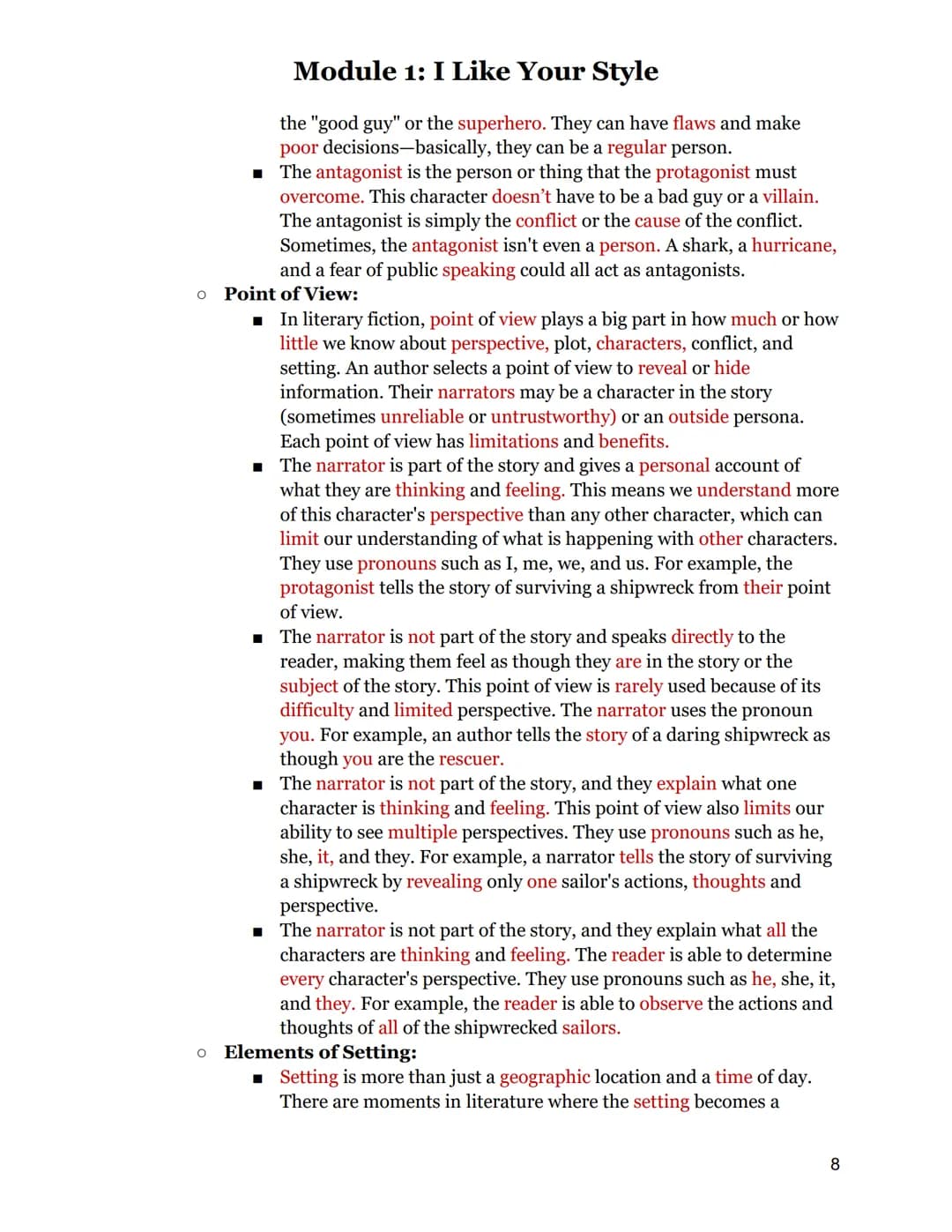 
<h2 id="techniquesforportrayingmessageinliterature">Techniques for Portraying Message in Literature</h2>
<p>In module one, you will learn t