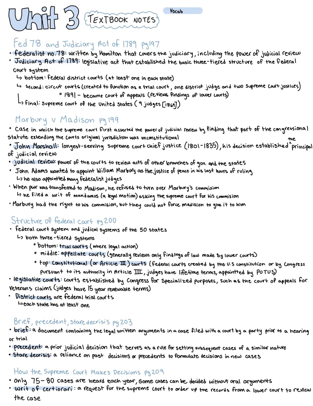 Unit 3 3 TEXTBOOK NOTES
fed 78 and Judiciary Act of 1789 pg197
federalist no. 78: written by Hamilton that covers the judiciary, including t