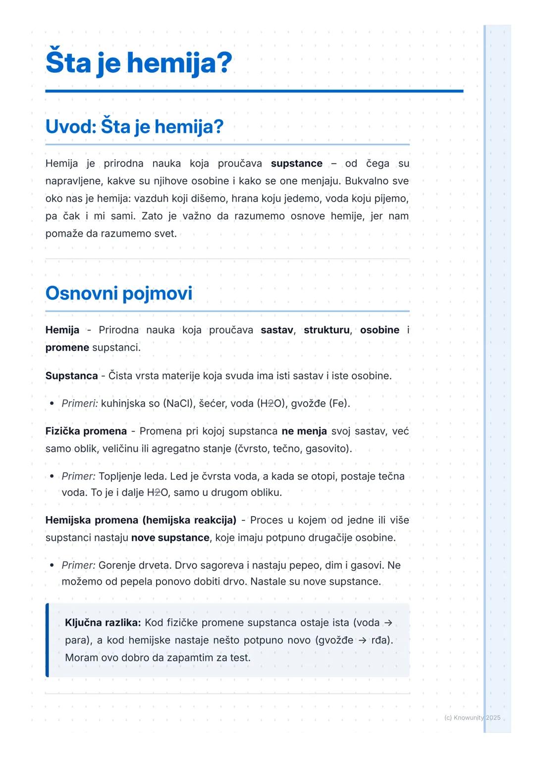 # Šta je hemija?

Uvod: Šta je hemija?

Hemija je prirodna nauka koja proučava supstance od čega su
napravljene, kakve su njihove osobine i 