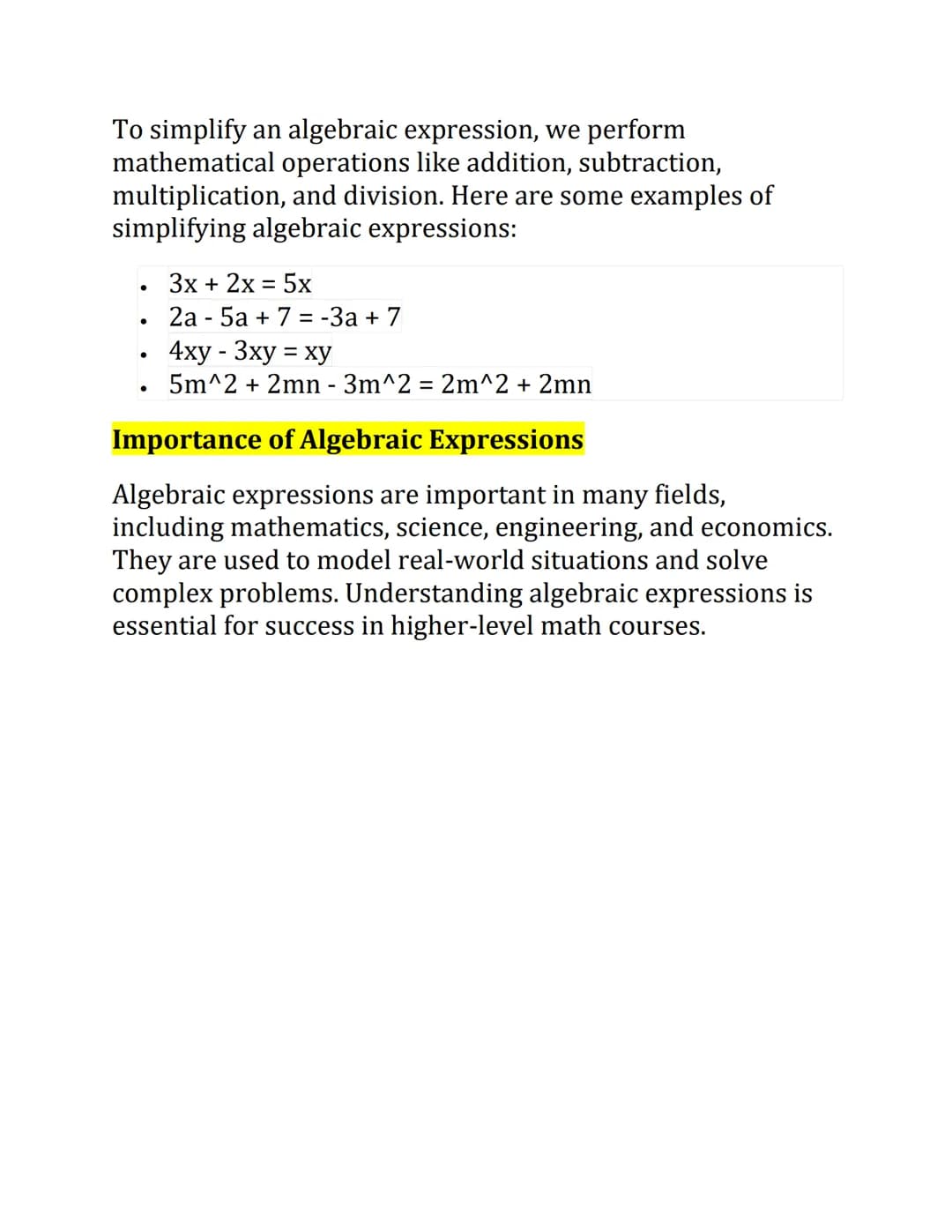 Topic: "Algebraic Expressions"
Algebraic Expressions
Algebraic expressions are mathematical statements that
include variables, constants, an