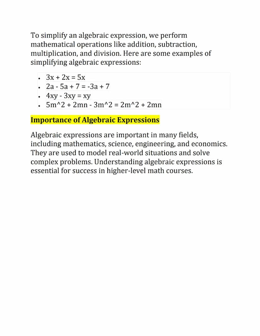 Topic: "Algebraic Expressions"
Algebraic Expressions
Algebraic expressions are mathematical statements that
include variables, constants, an