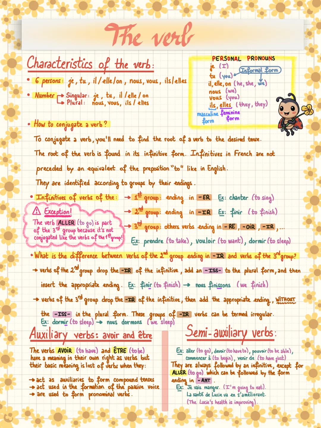 The verb
Characteristics of the verb:
●
6 persons: je, tu, il/elle/on, nous, vous, ils/elles
• Number
●
Singular: je, tu, il lelle / on
Plur