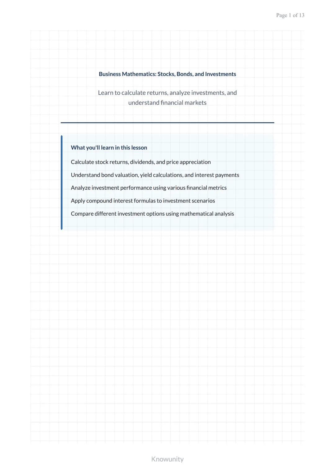 # Business Mathematics: Stocks, Bonds, and Investments

Learn to calculate returns, analyze investments, and understand financial markets

#