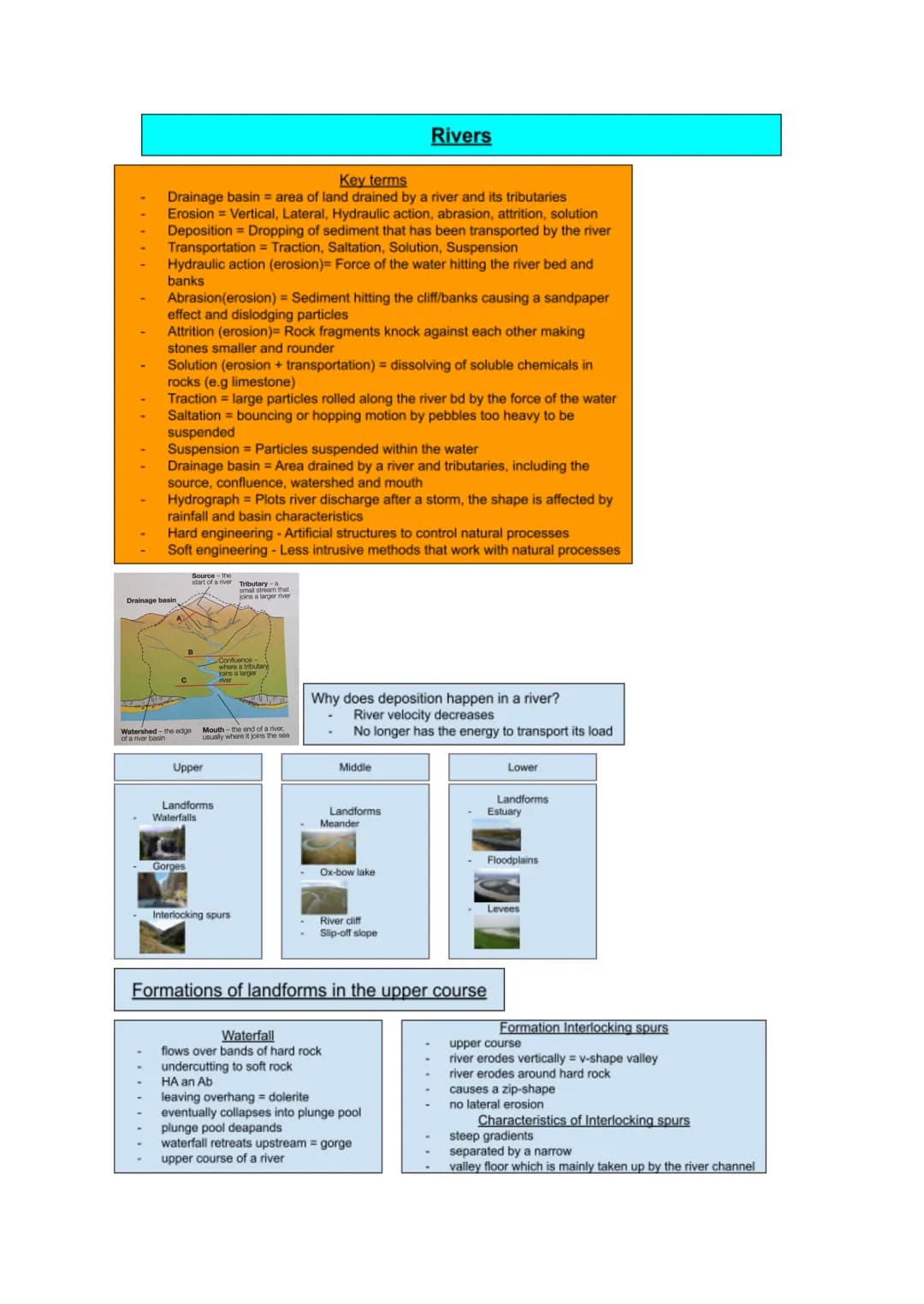 Key terms
Drainage basin = area of land drained by a river and its tributaries
Erosion = Vertical, Lateral, Hydraulic action, abrasion, attr