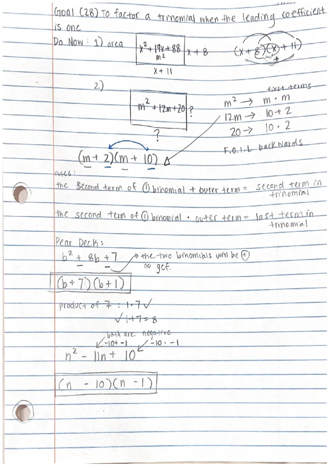 Pear Deck:
Goal (13) To understand like terms and combine like terms.
•Like Terms: terms whos weribles are the same
cx: 02m²³, 5m², 10, -3m³