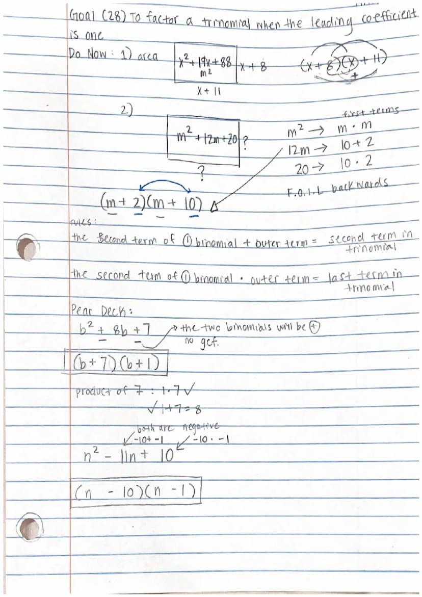 Pear Deck:
Goal (13) To understand like terms and combine like terms.
•Like Terms: terms whos weribles are the same
cx: 02m²³, 5m², 10, -3m³