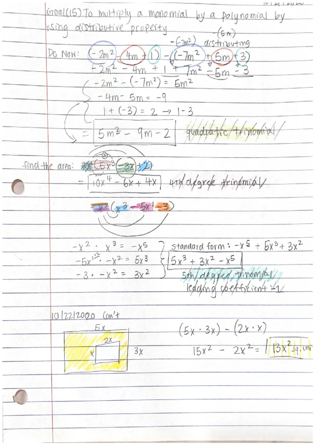 Pear Deck:
Goal (13) To understand like terms and combine like terms.
•Like Terms: terms whos weribles are the same
cx: 02m²³, 5m², 10, -3m³