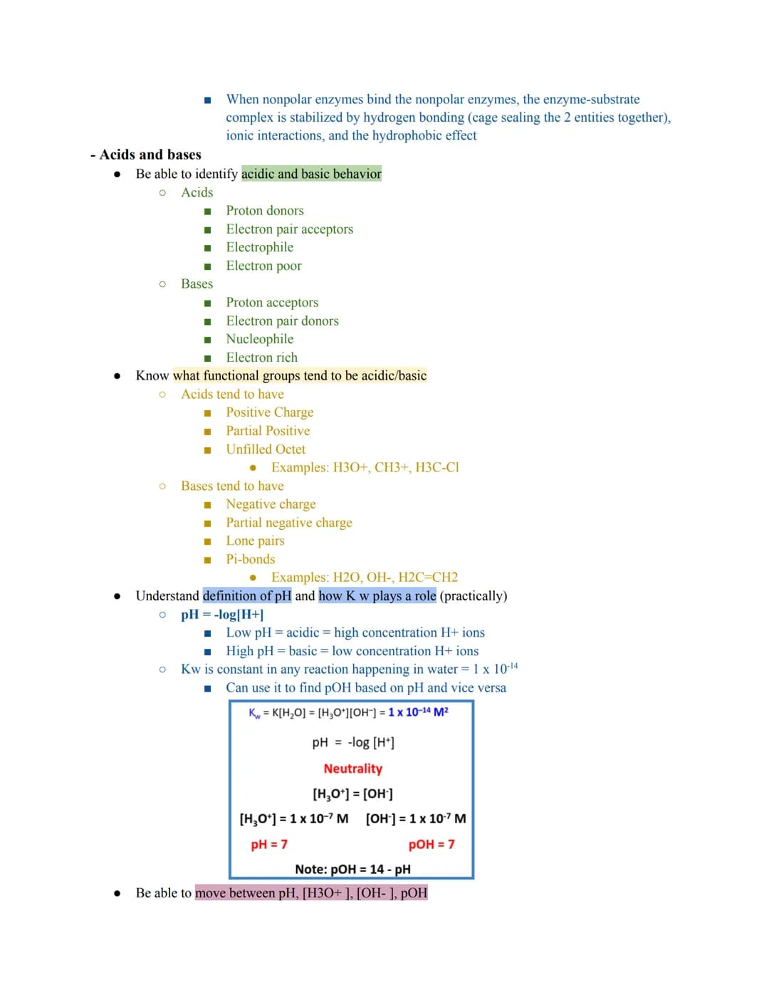 - Non-covalent interactions
Be able to identify hydrogen bonding, dipole-dipole interactions, electrostatic interactions (salt
bridges), and