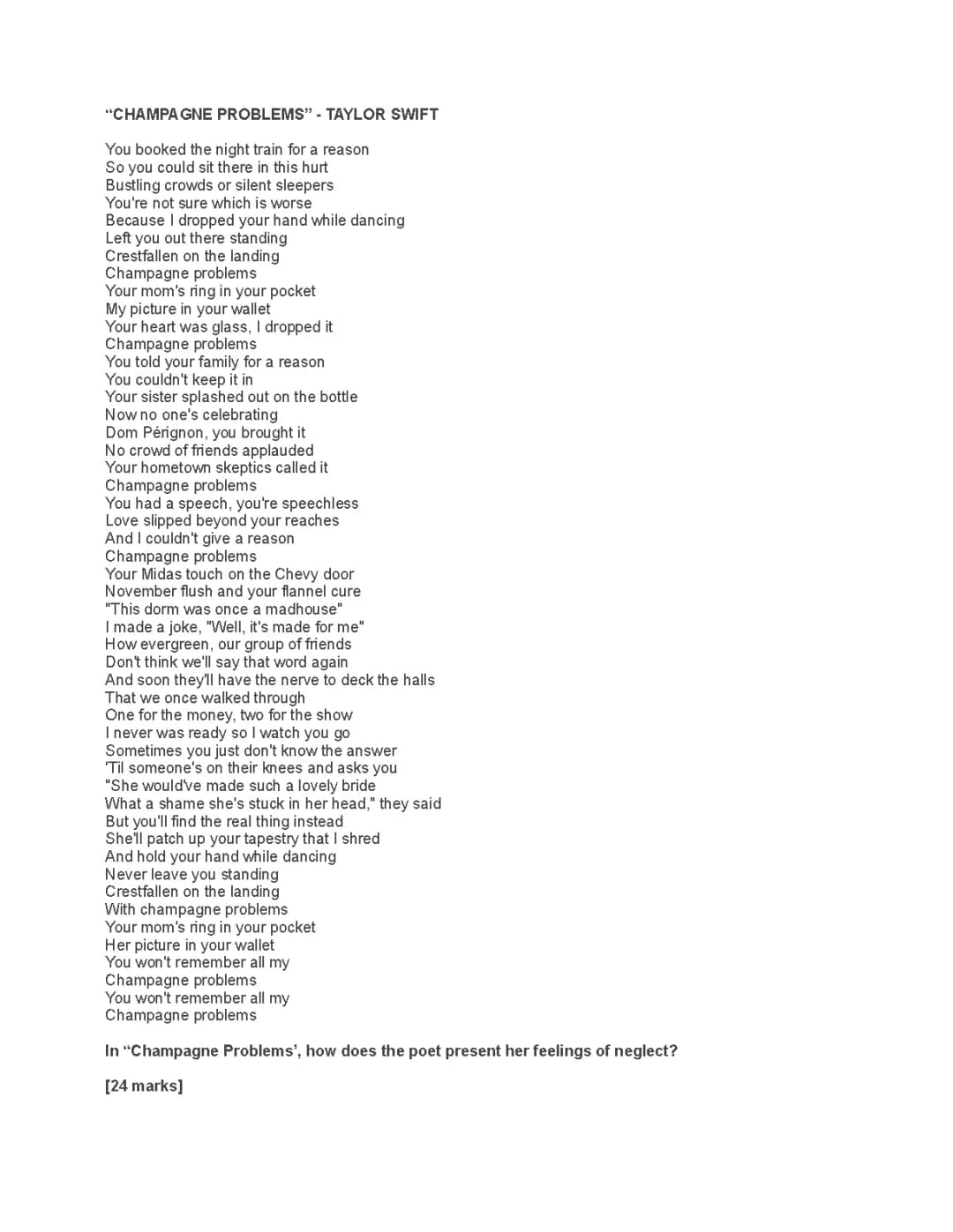 TAYLOR SWIFT UNSEEN POETRY QUESTIONS