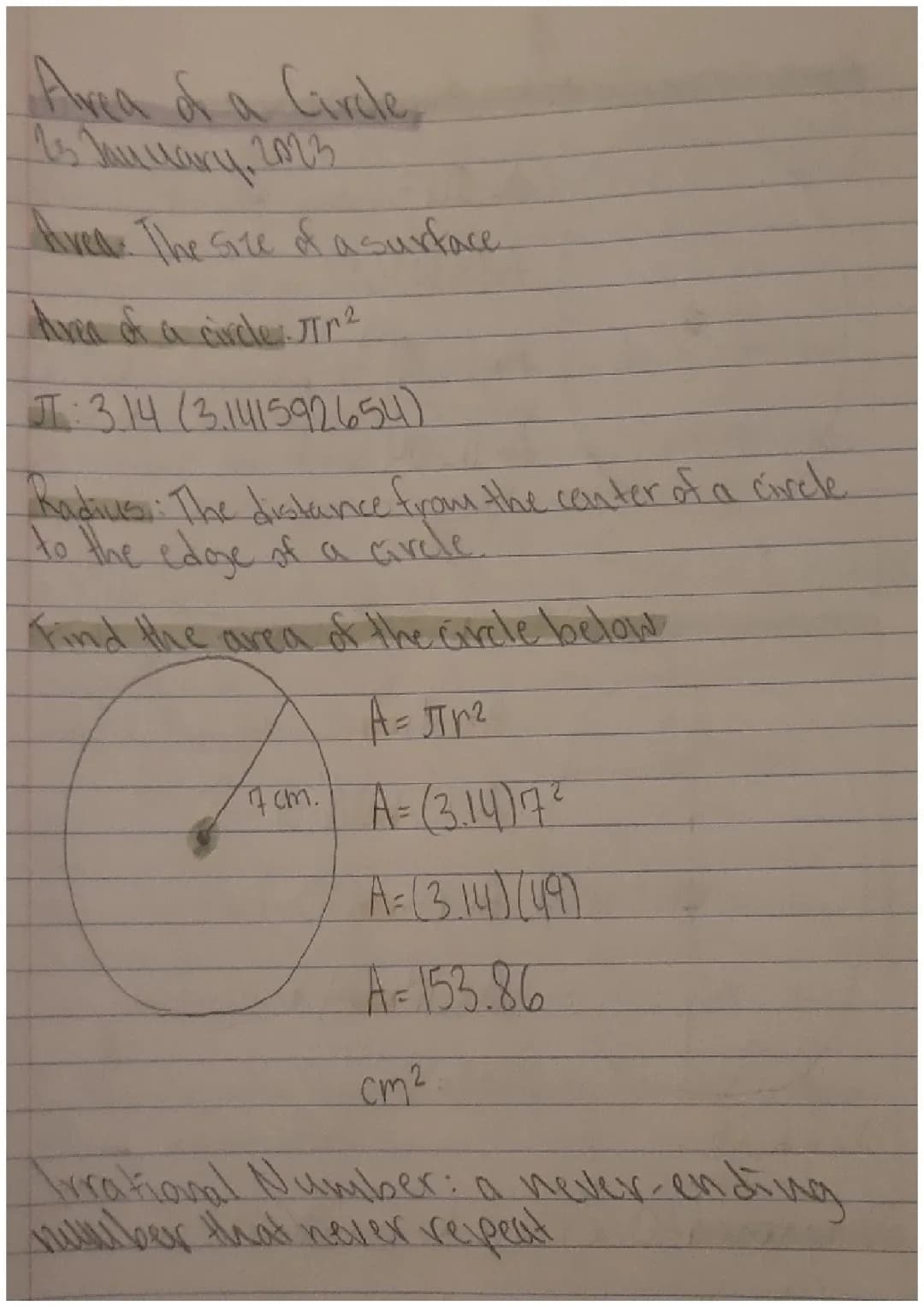 7th Grade Area of a Circle Notes & Examples