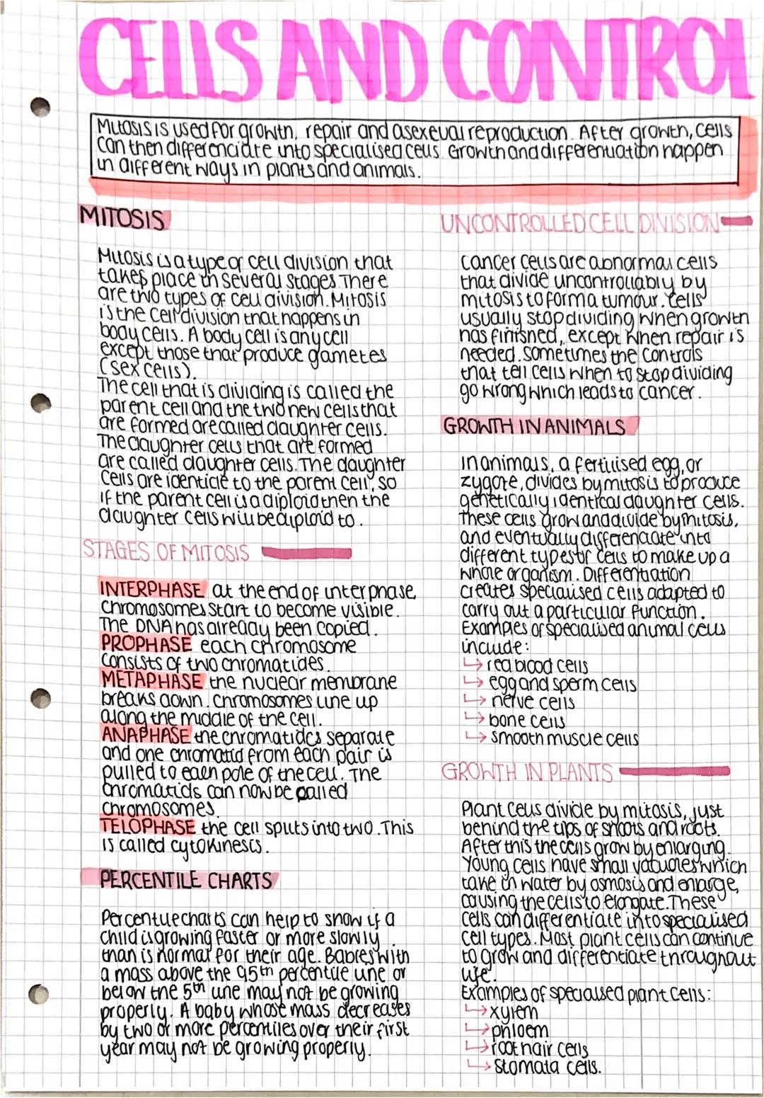 CELLS AND CONTROL
Mitosis is used for growth, repair and asexeval reproduction. After growth, cells
Can then differenciate into specialised 