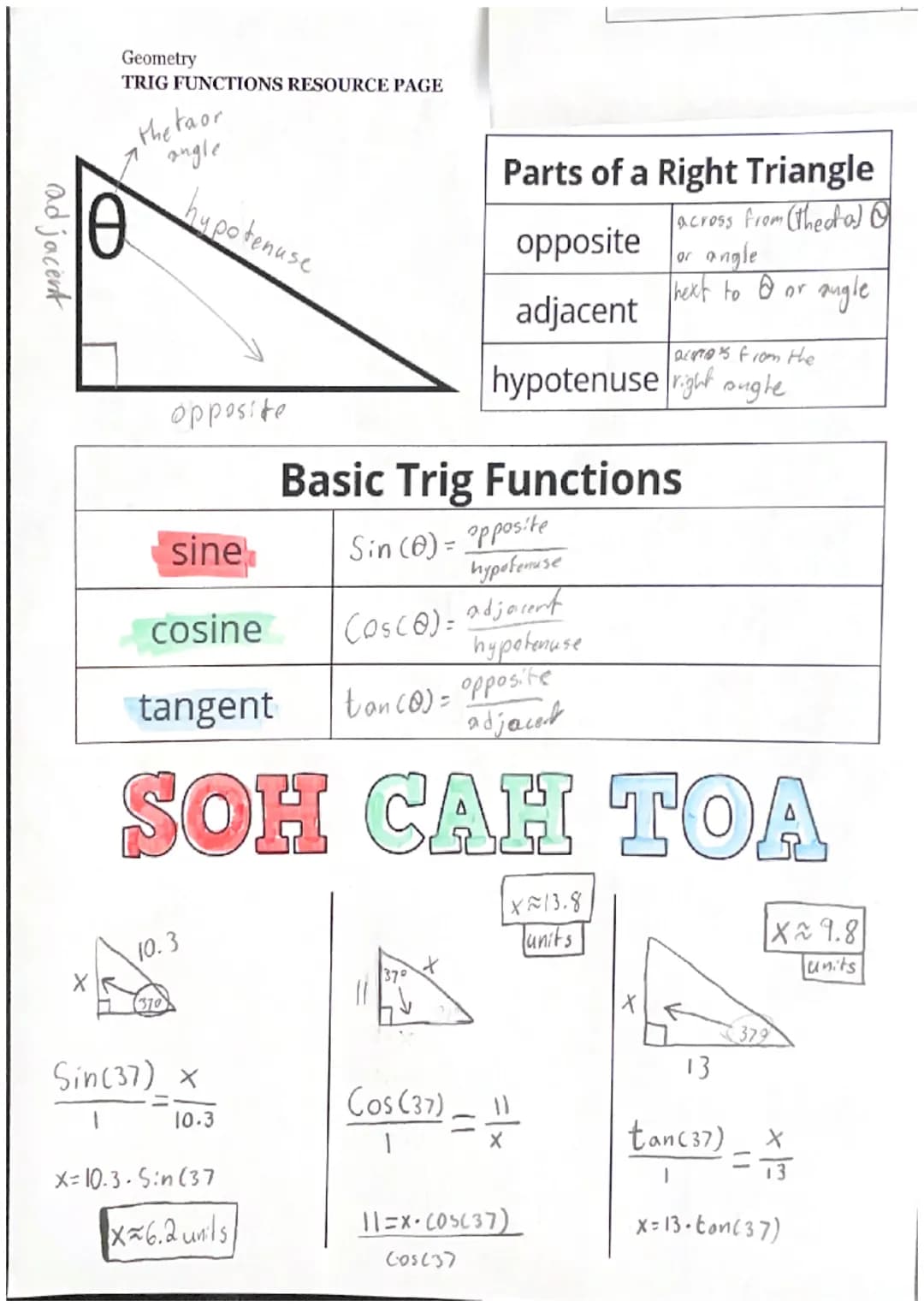adjacent
Geometry
TRIG FUNCTIONS RESOURCE PAGE
Ꮎ
the taor
angle
hypotenuse
opposite
10.3
370
Sin (37) X
10.3
X=10.3.Sin (37
X=6.2 units
sine