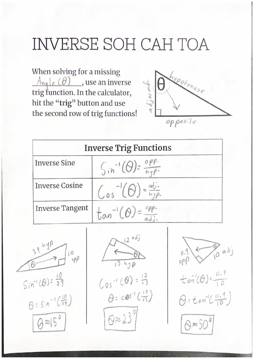 adjacent
Geometry
TRIG FUNCTIONS RESOURCE PAGE
Ꮎ
the taor
angle
hypotenuse
opposite
10.3
370
Sin (37) X
10.3
X=10.3.Sin (37
X=6.2 units
sine
