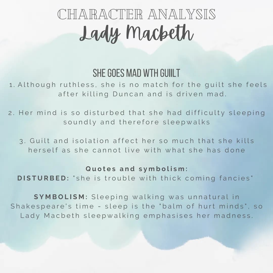 CHARACTER ANALYSIS
Lady Macbeth
LADY MACBETH IS CRUEL AND RUTHLESS
1. She is ambitious and doesn't mind commiting terrible
crimes to get wha