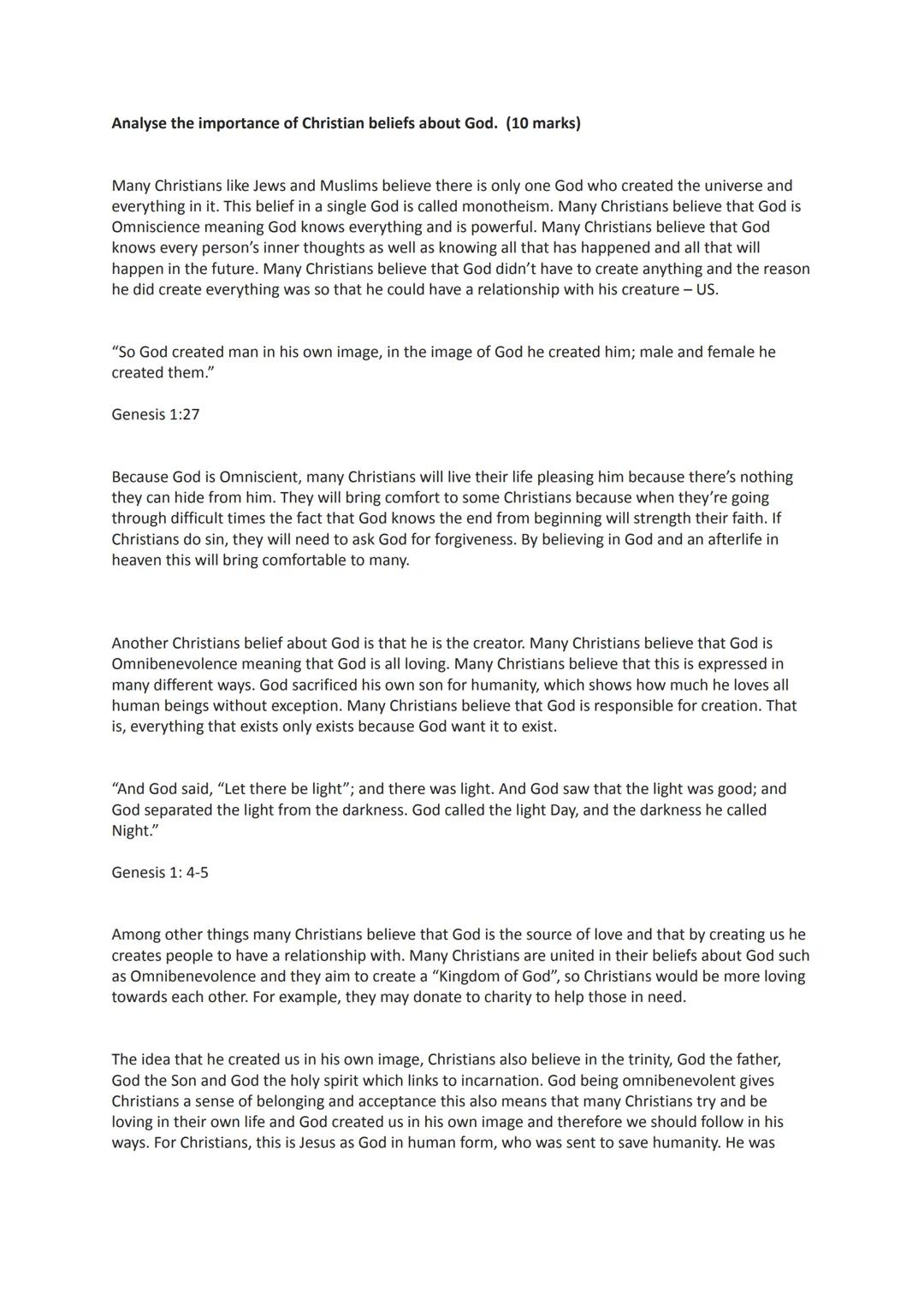 Analyse the importance of Christian beliefs about God.  (10 marks)