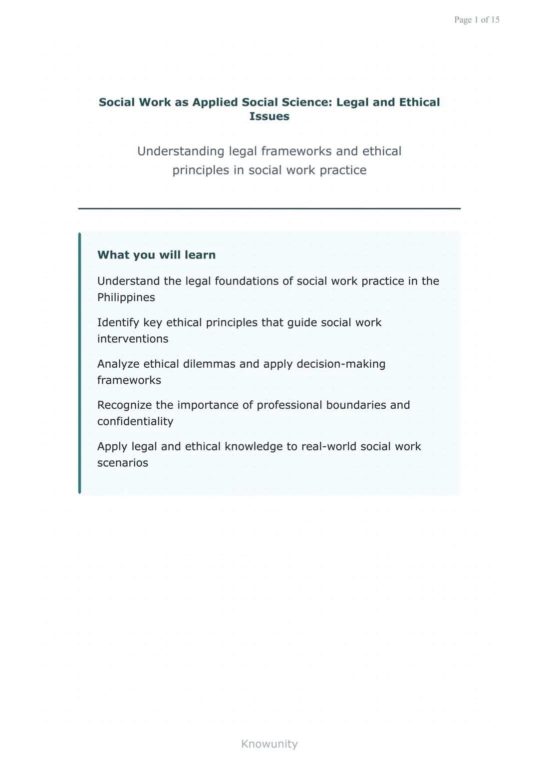 Social Work as Applied Social Science: Legal and Ethical
Issues
Understanding legal frameworks and ethical
principles in social work practic