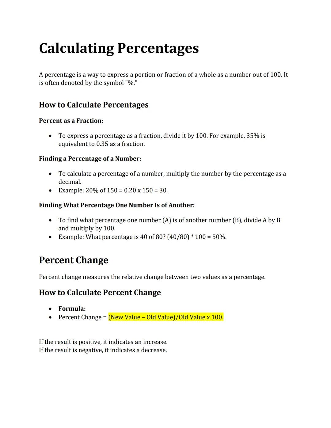 Calculating Percentages
A percentage is a way to express a portion or fraction of a whole as a number out of 100. It
is often denoted by the