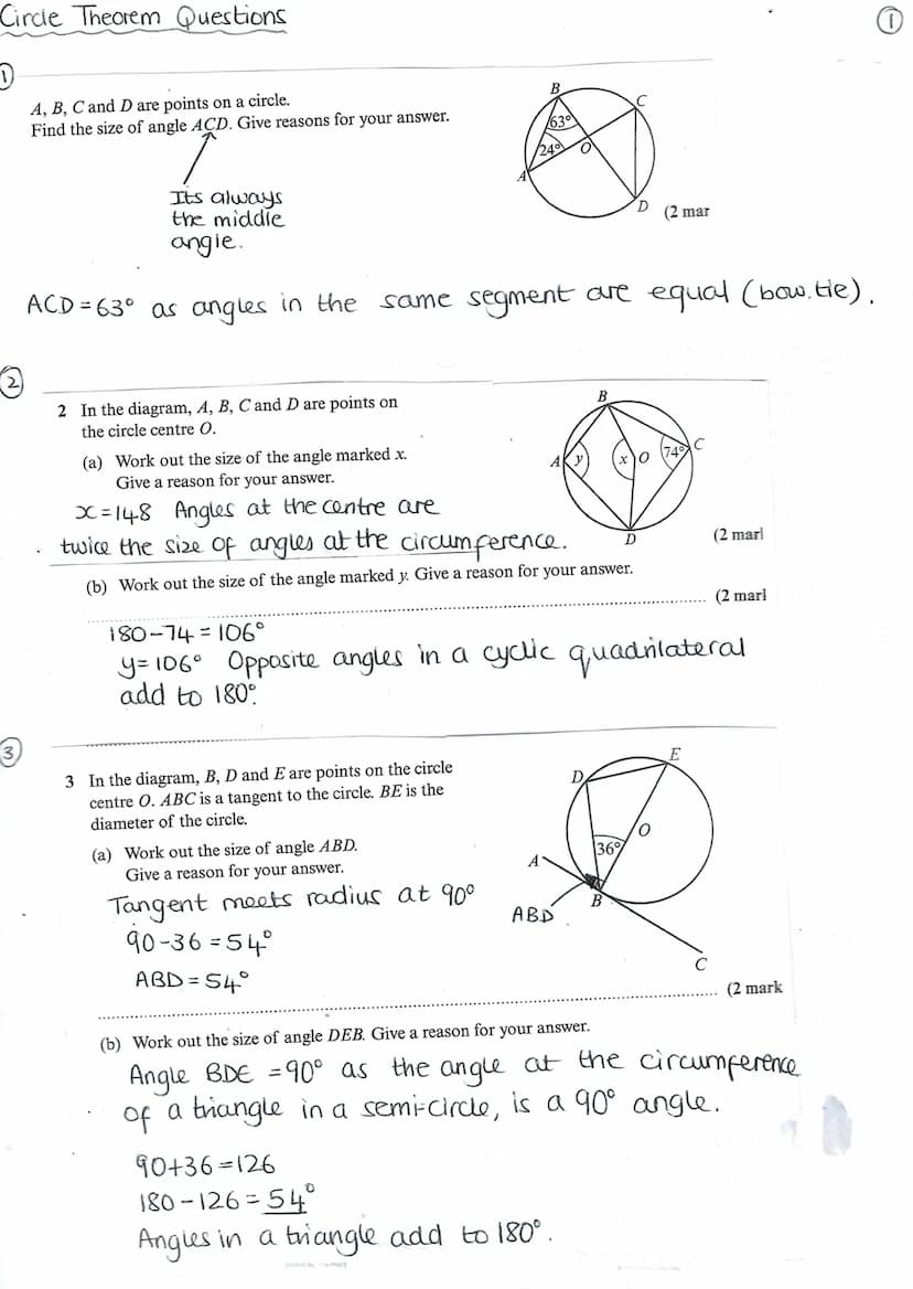 Circle Theorems
Rule 1:
Rule 2:
A
D
Rute 3:
Tangent meets
Radius at 90°
-B
(Tangents
that meet
at a point
are equal in
length
AB=BC
The two
