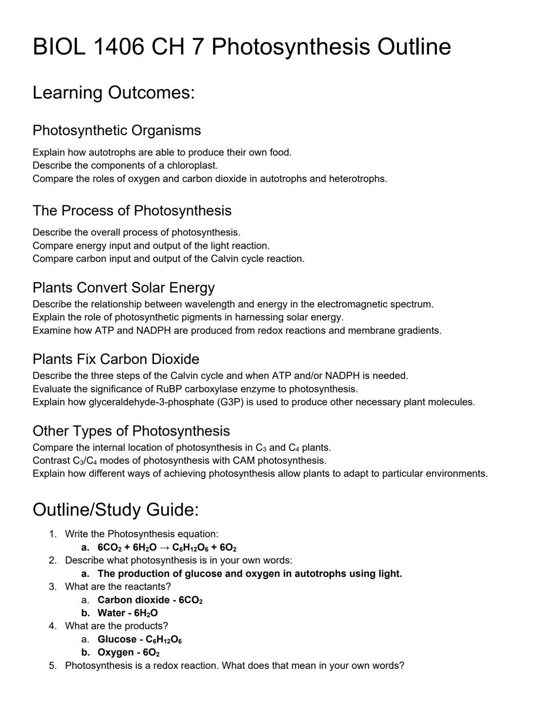 Notes and Outline on Photosynthesis from Biology