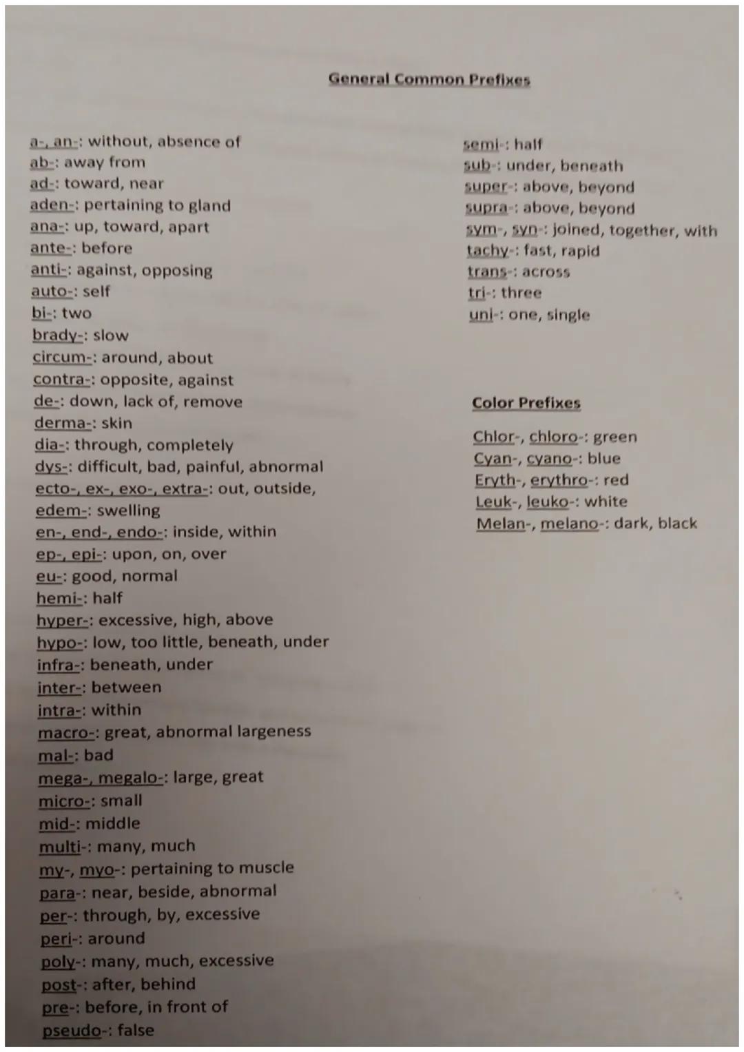 General Common Suffixes
-able, ible: capable of, able to
-ac, iac: pertaining to
-al, ian: pertaining to
-algia: pain
-ar, -ary: pertaining 