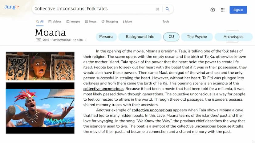 Period 5
Jungian Ideas &
Concepts in Film:
Moana
Carly Quach Jungle
Moana: Film Synopsis
Q All
Videos
Images
Moana
PG 2016 Family/Musical 1h