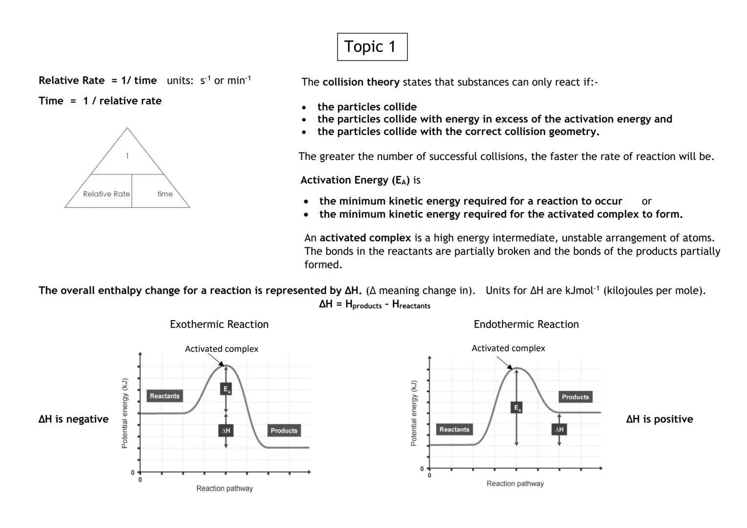 # Topic 1

Relative Rate = 1/ time units: s¹ or min-1

Time = 1/ relative rate

1

Relative Rate
time

The collision theory states that subs
