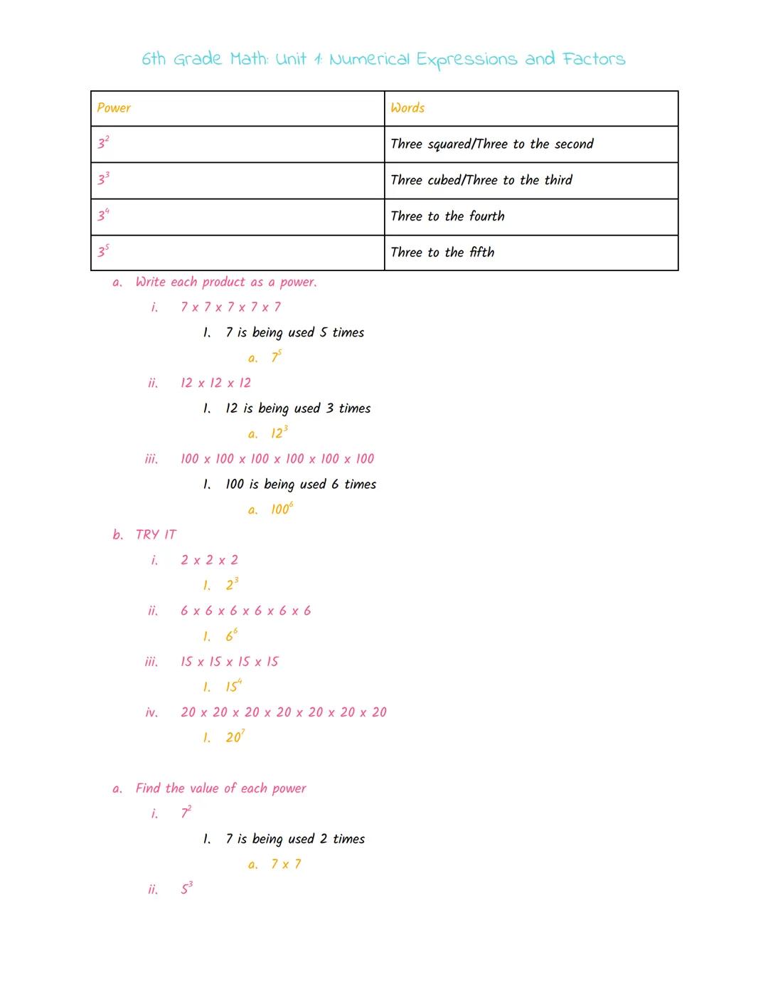 Repeated Factors
10 x 10
4 x 4
6x6
10 x 10 x 10
3x3x3x3
4 x 4 x 4 x 4x4
6th Grade Math: Unit 1: Numerical Expressions and Factors
11'
11²
11