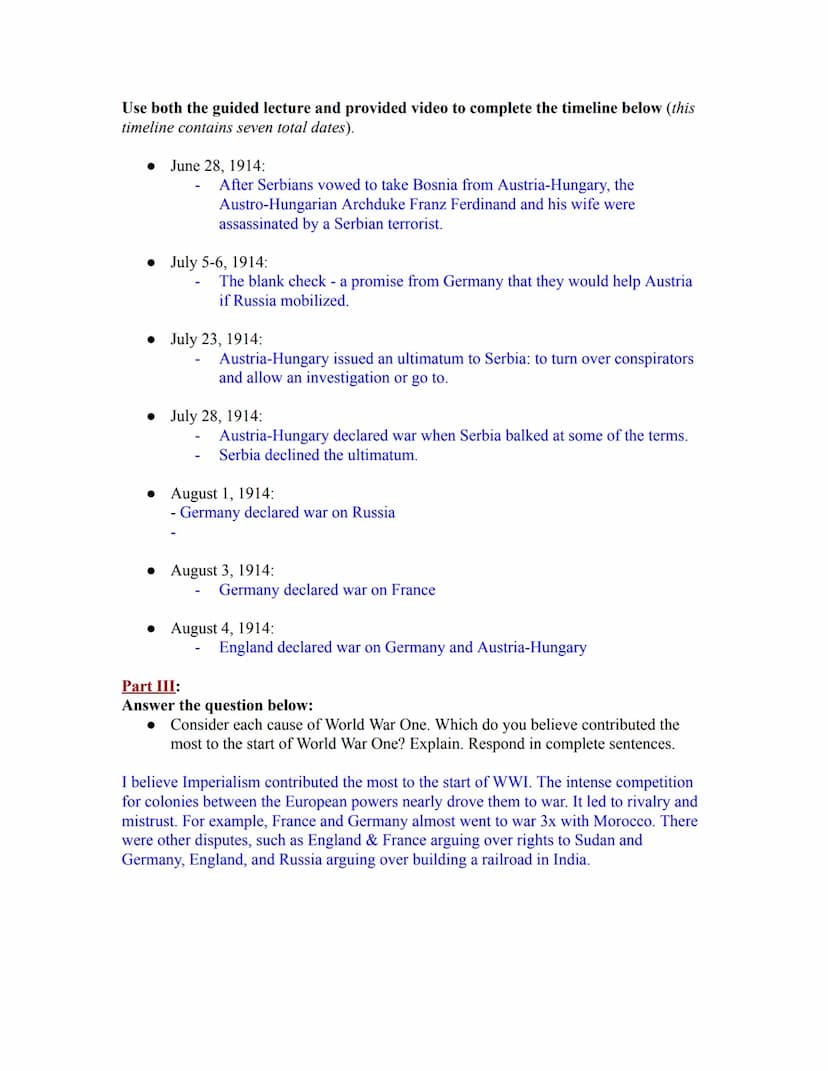 World War One Introduction Guided Lecture and Supporting Videos
Goal: Review the "WWI (Causes) Guided Lecture" and the Crash Course video
lo