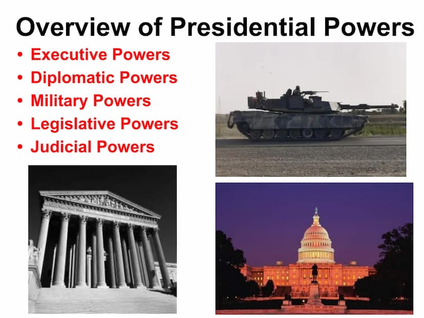 Presidential Powers Overview of Presidential Powers
Executive Powers
Diplomatic Powers
Military Powers
Legislative Powers
●
• Judicial Power