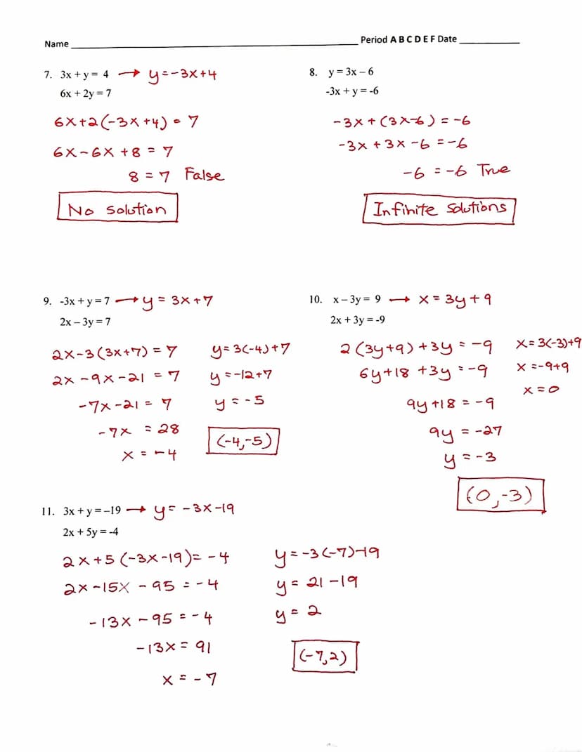 1. 8x+6y= 16
y = 4
8x+6(4) = 16
8x + 24 =16
8x = -8
x
= -1
(-1,4)
3. -x - 4y = 20
y = -6x + 18
-X-4 (-6x+18)=20
-X +24 x - 72=20
23x - 72=20