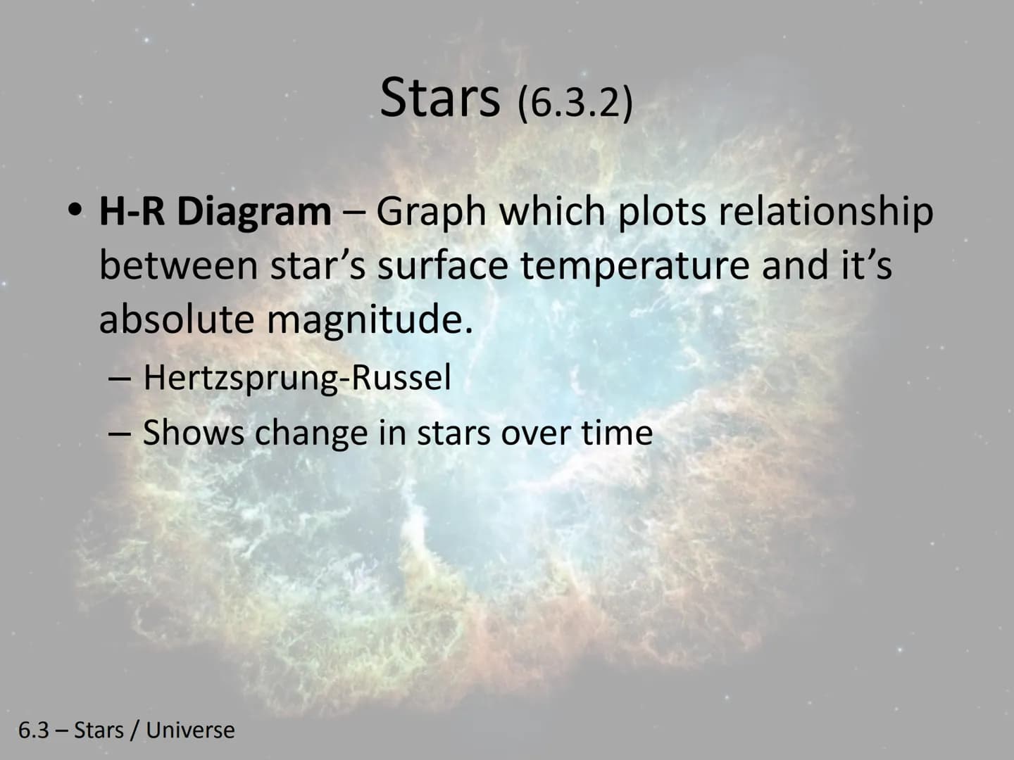 Stars and the Universe-
Unit 6 Chapter 3
6.3 - Stars / Universe Stars (6.3.1)
Spectrograph - Instrument for measuring and
recording waves of