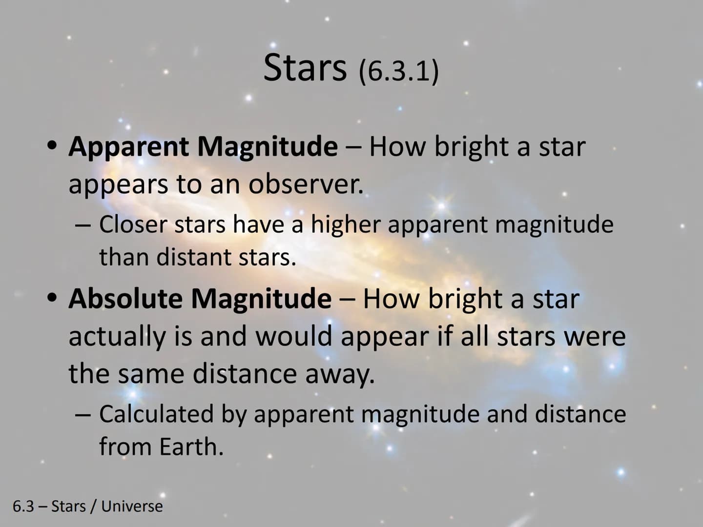 Stars and the Universe-
Unit 6 Chapter 3
6.3 - Stars / Universe Stars (6.3.1)
Spectrograph - Instrument for measuring and
recording waves of