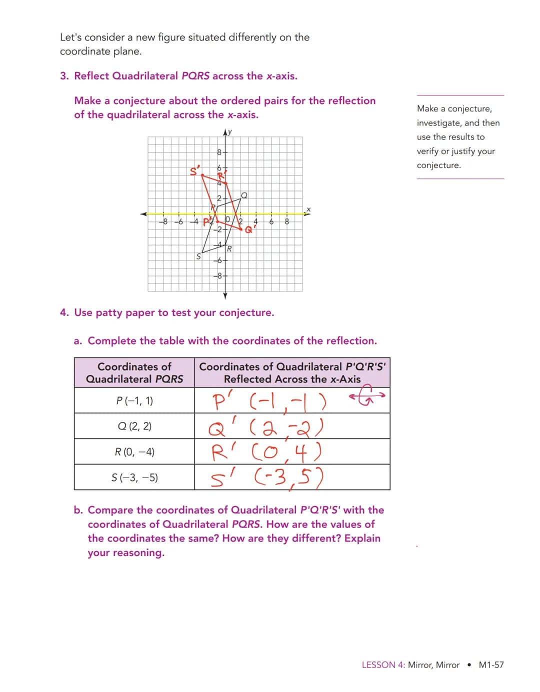 Mirror, Mirror 4
Reflections of Figures on the
Coordinate Plane
WARM UP
Determine each product.
1. -1 X 6
2.-(-1)
3. -1 X 4.33
4. 4h(-1)
LEA