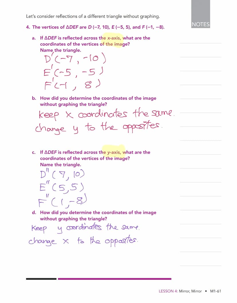 Mirror, Mirror 4
Reflections of Figures on the
Coordinate Plane
WARM UP
Determine each product.
1. -1 X 6
2.-(-1)
3. -1 X 4.33
4. 4h(-1)
LEA
