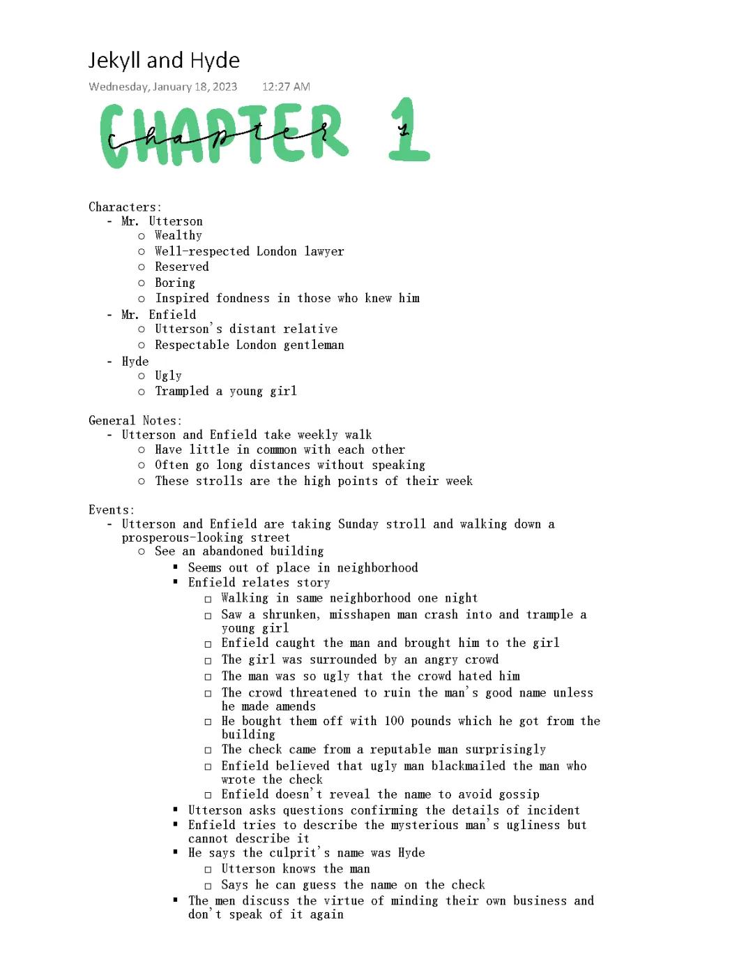 Dr Jekyll and Mr Hyde Chapter Summaries and Full Summary PDF for Kids