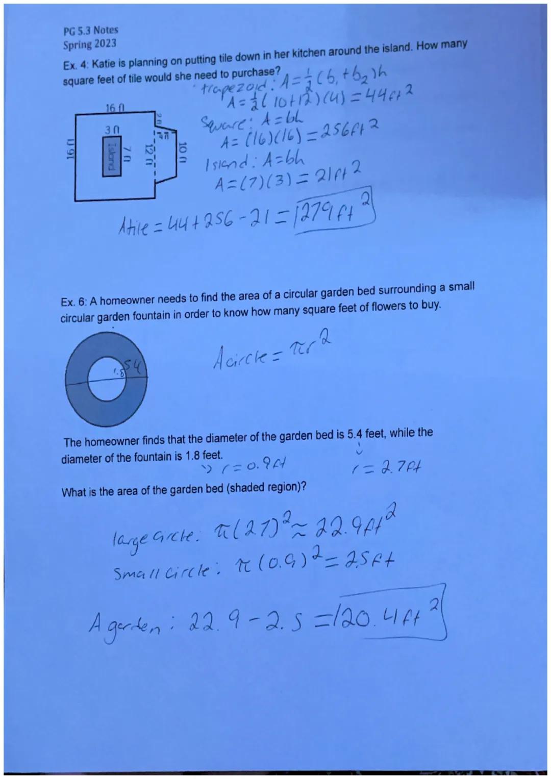 PG 5.3 Notes
Spring 2023
PG 5.3.4 Notes - Area of Figures
Area of a Triangle Formula (given base and height): Ahh
Area of a Rectangle Formul