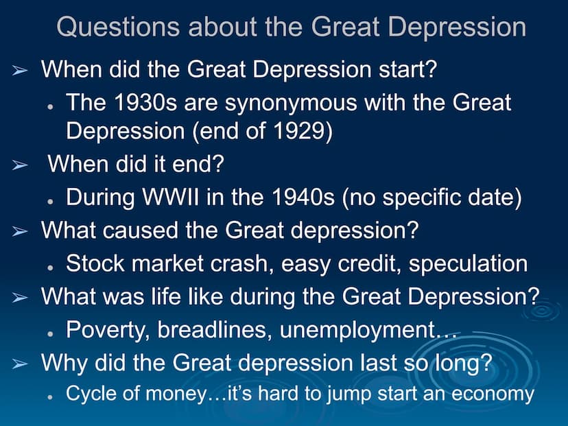 The Great Depression
EQ: What caused the greatest
economic troubles in US History? Questions about the Great Depression
When did the Great D