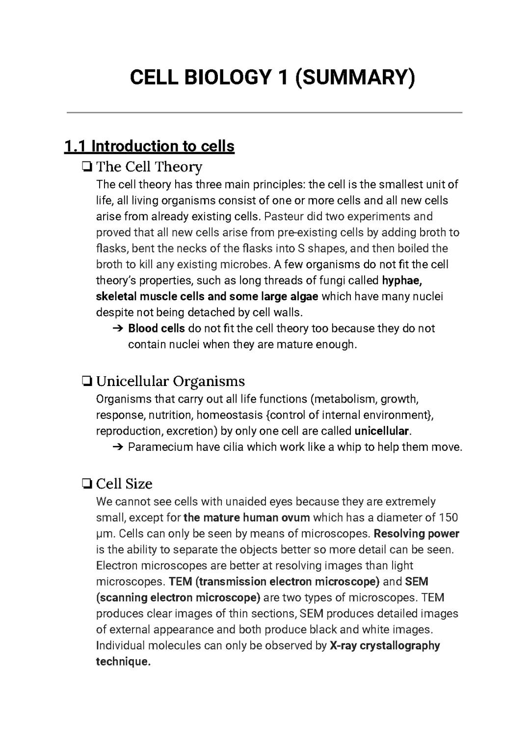 IB Biology Unit 1.1: Cell Theory Summary, Notes, and Microscope Differences