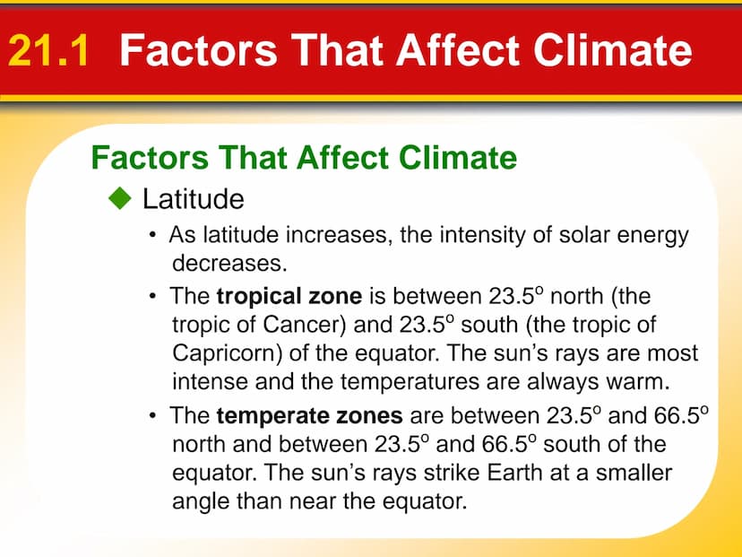 Chapter
21
Climate 21.1 Factors That Affect Climate
Factors That Affect Climate
Latitude
• As latitude increases, the intensity of solar ene