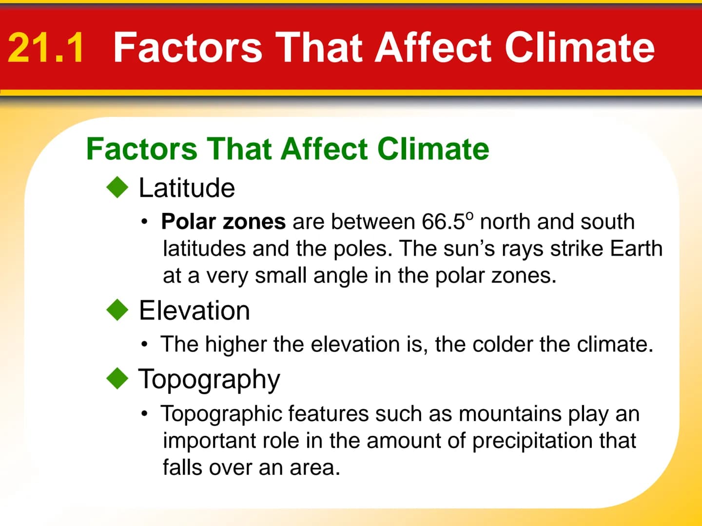 Chapter
21
Climate 21.1 Factors That Affect Climate
Factors That Affect Climate
Latitude
• As latitude increases, the intensity of solar ene