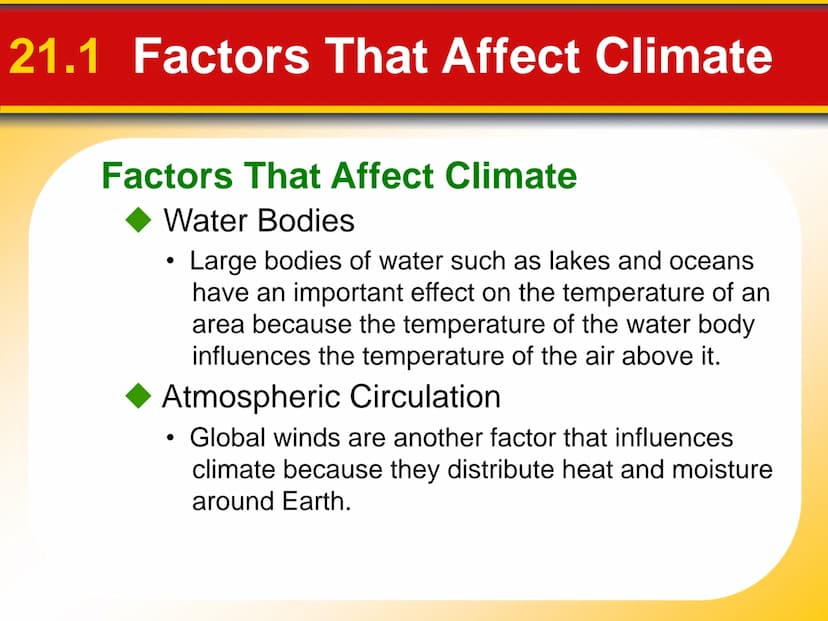 Chapter
21
Climate 21.1 Factors That Affect Climate
Factors That Affect Climate
Latitude
• As latitude increases, the intensity of solar ene