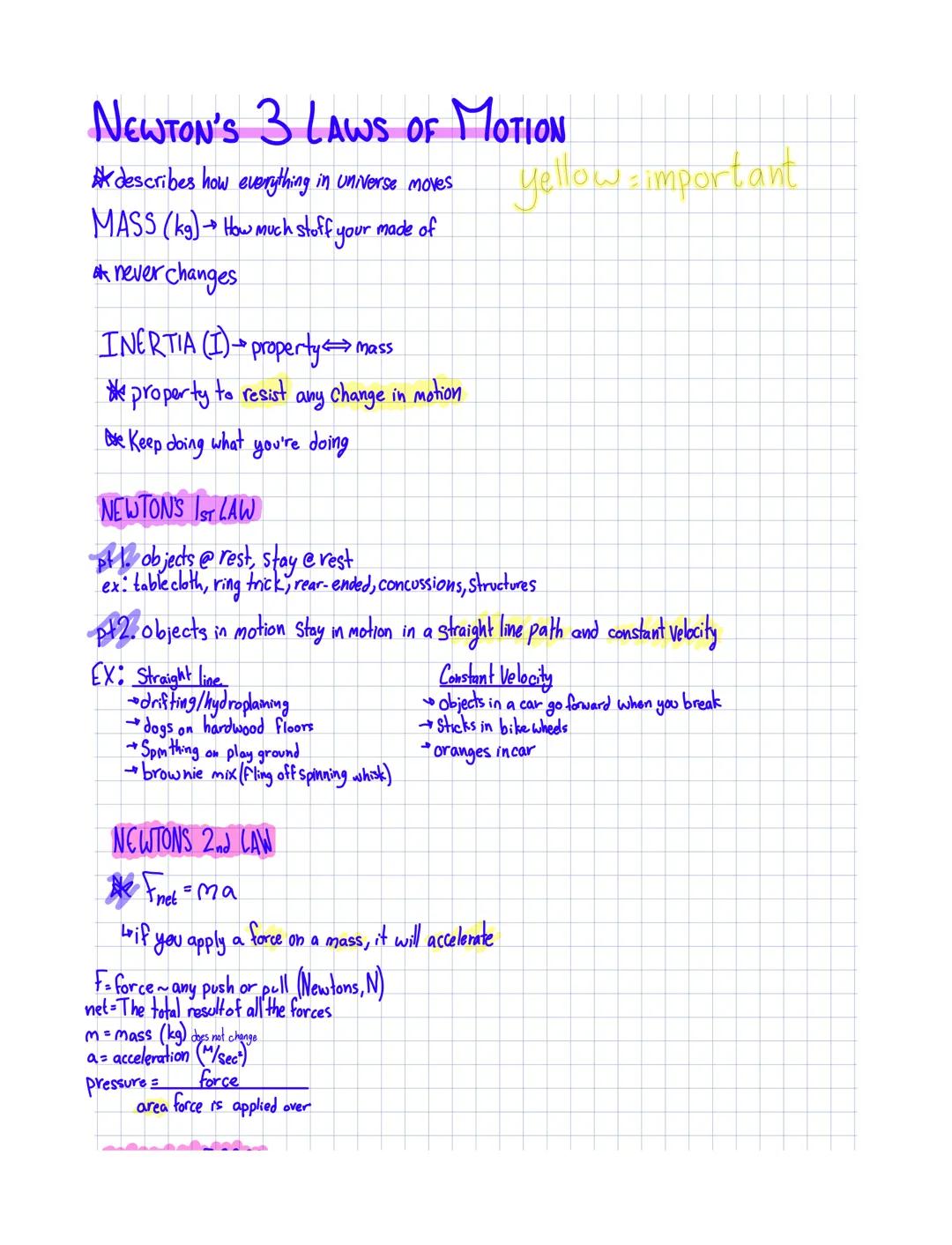 # NEWTON'S 3 LAWS OF MOTION

* describes how everything in universe moves

MASS (kg) How much stoff your made of

* never changes

INERTIA (