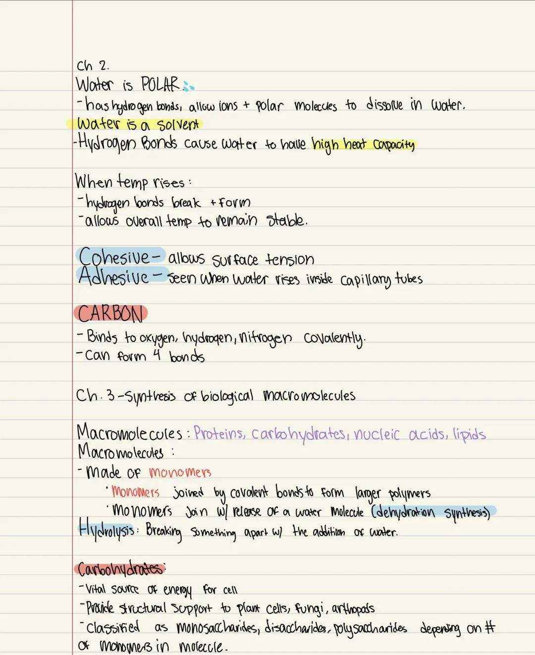 Ch 2.
Water is POLAR
-has hydrogen bonds, allow ions + polar molecules to dissolve in water.
Water is a solvent
-Hydrogen Bonds cause water 